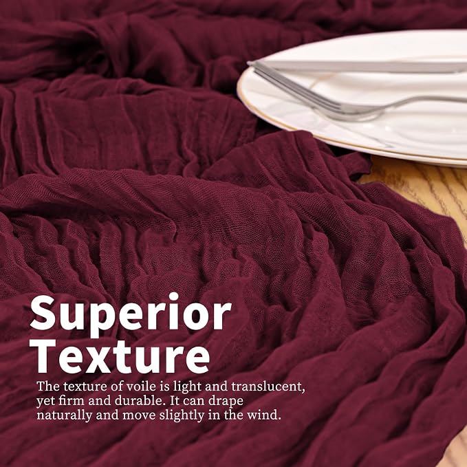4 Pack Burgundy Table Runner 17 x 108inch Cheesecloth Table Runner Boho Gauze - Image 3