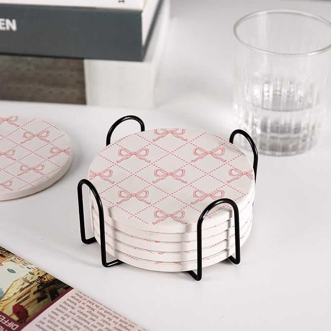 Pink Bow Round 4" Cup Coasters, Absorbent Ceramic Stone Drink Coasters - Image 8