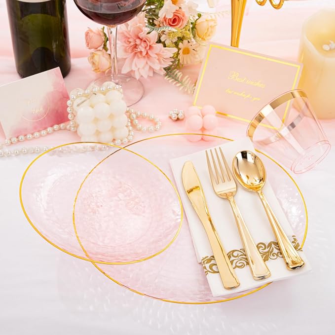 Rubtlamp 175 Pcs Pink Plastic Plates Dinnerware Set, Hammered Party Platos Set - Image 6