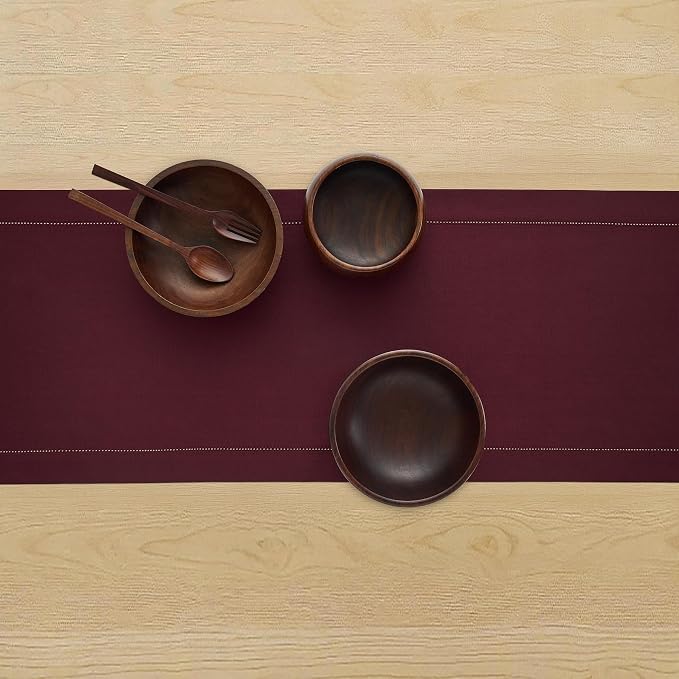 Solino Home Cotton Linen Dining Table Runner Wine Hemstitch, 14 x 108 in | - Image 3