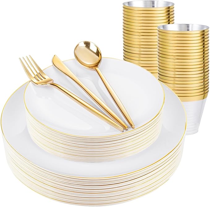 bUCLA 150PCS White and Gold Plastic Plates Disposable by BUCLA