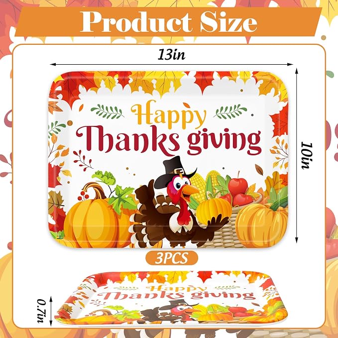 Whaline 3 Pcs Thanksgiving Day Serving Trays Turkey Pumpkin Maple Leaves - Image 2