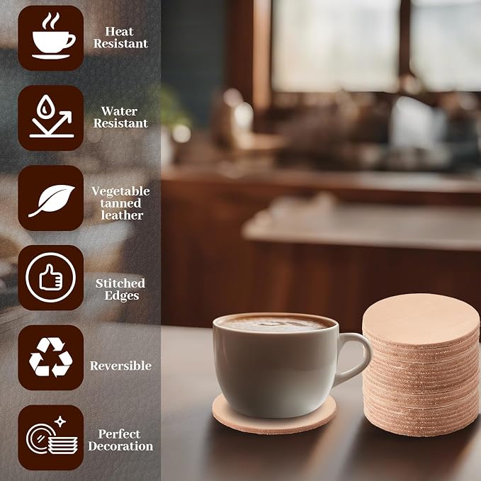 Bulyoou 50 Pcs Round Vegetable Tan Leather Coaster 3-1/4" Circular Tooling | - Image 4