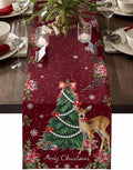 Christmas Reindeer Table Runners 72 Inches Long, Cotton Linen Fabric Red Table by Edwiinsa