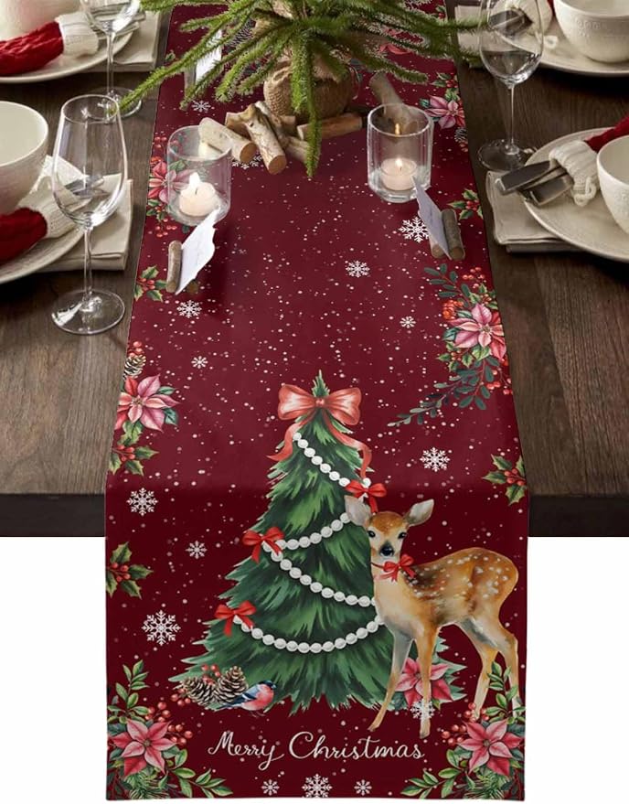 Christmas Reindeer Table Runners 90 Inches Long, Cotton Linen Fabric Red Table by Edwiinsa