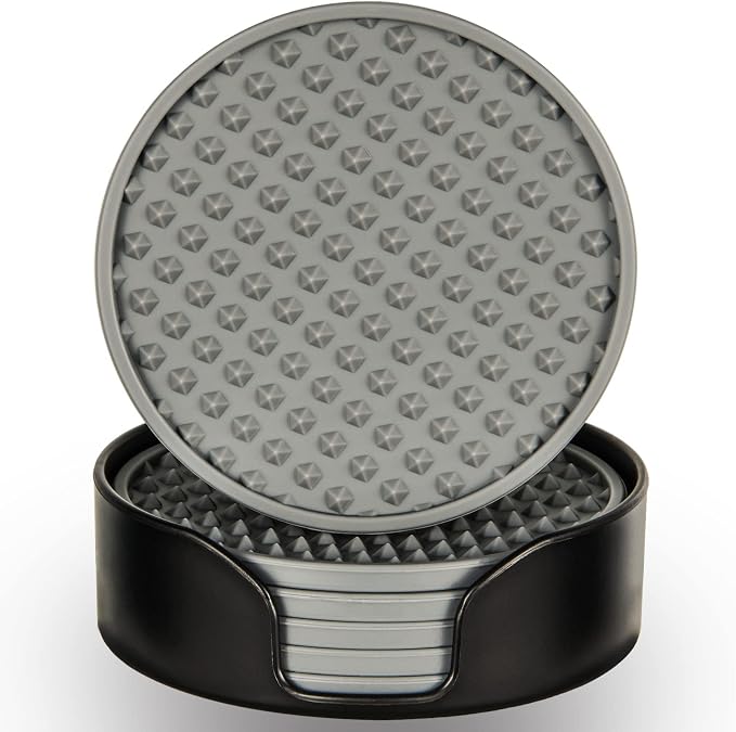 Rubber Coasters Set 6 with Holder, Non-Slip Silicone Drink Coaster Cup Mats | by KEHOUXRE