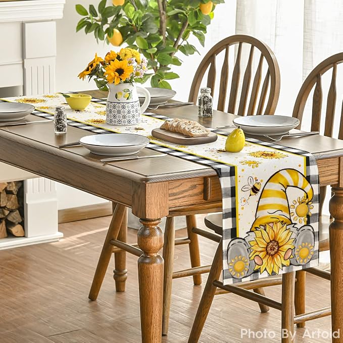 Artoid Mode Buffalo Plaid Sunflower Gnomes Bee Summer Table Runner, Seasonal - Image 4