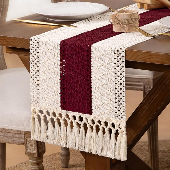 DeZerlor Ivory&Burgundy Boho Macrame Farmhouse Woven Table Runner 108Inch | - Image 7