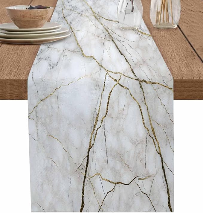 Marble Table Runner-Cotton Linen-Long 108 inche White Gray Gold Dresser Scarves by PIEPLE