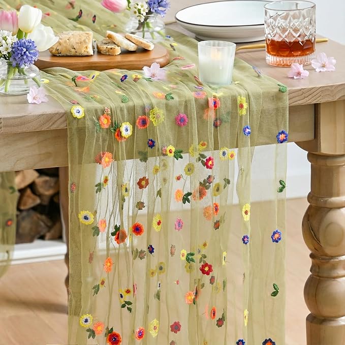 Artoid Mode Green Embroidery Daisy Gauze Table Runner 59x120 Inch 10FT | by ArtoidMode