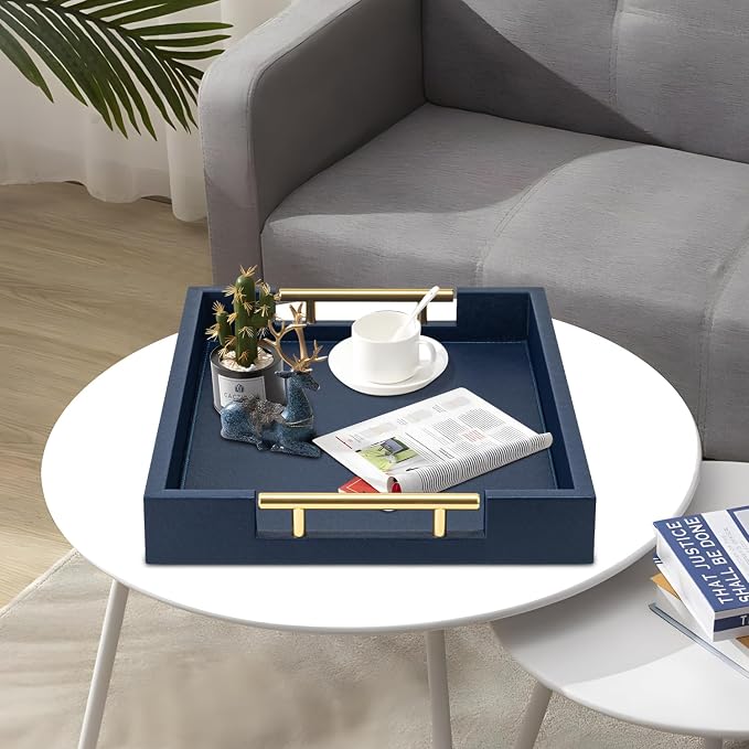 Navy Blue Faux Leather Serving Coffee Tray - Image 7
