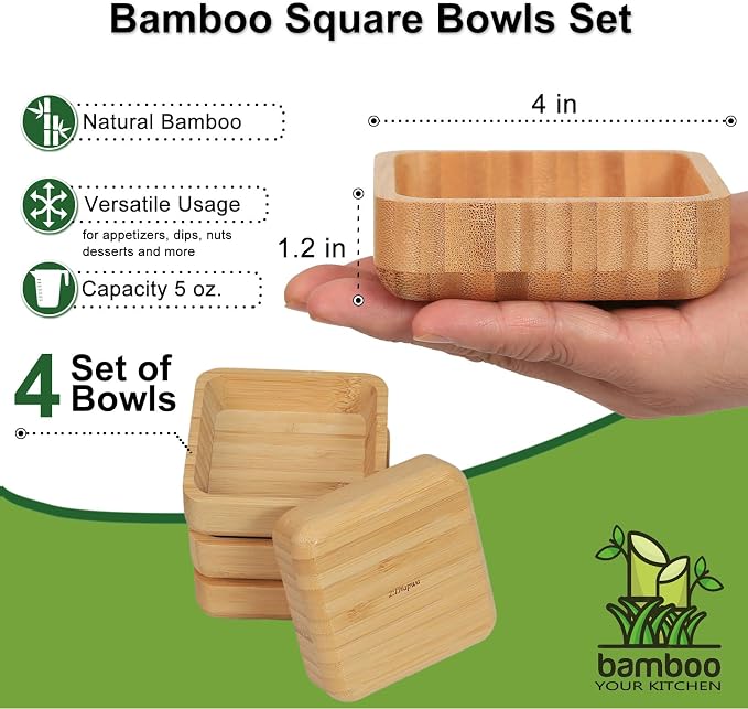 Bamboo Wooden Bowls Set, 4-inch Square Snack Bowls - Image 2