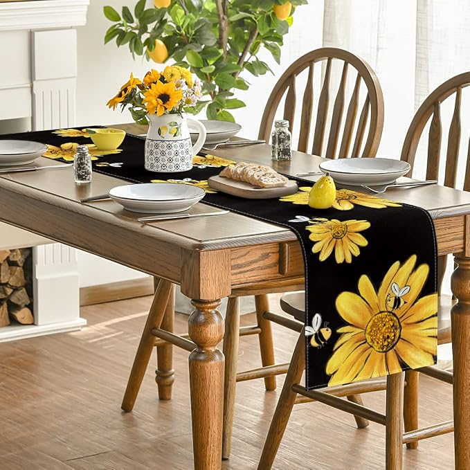 Artoid Mode Bee Sunflower Table Runner Black, Seasonal Spring Summer Flower - Image 4