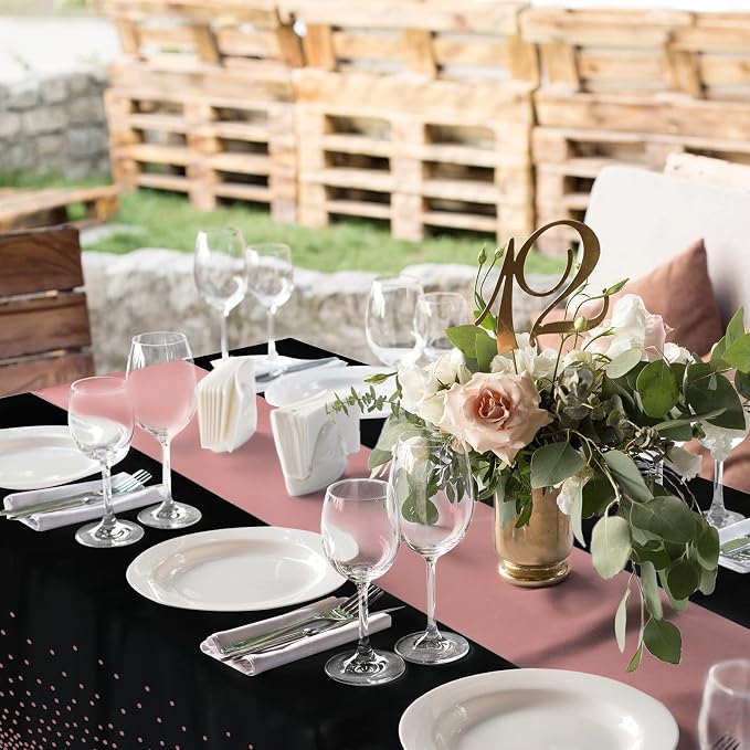 8Pack Disposable Plastic Tablecloths and Satin Table Runner Set Black and Rose - Image 6