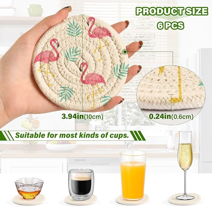 Tropical Flamingos Leaves White Print Coasters - Image 3