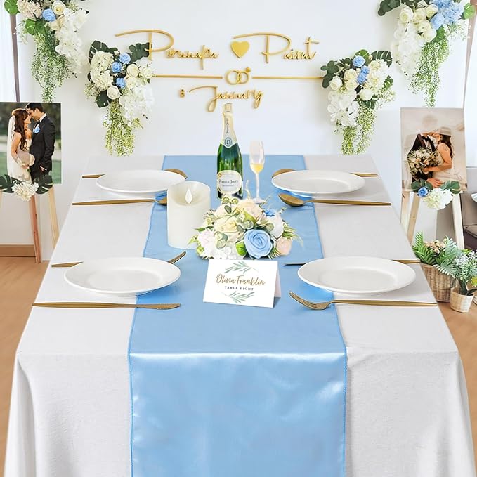 5 Pcs Baby Blue Satin Table Runners 12x108 inch Bright Satin Silk Fabric | - Image 6