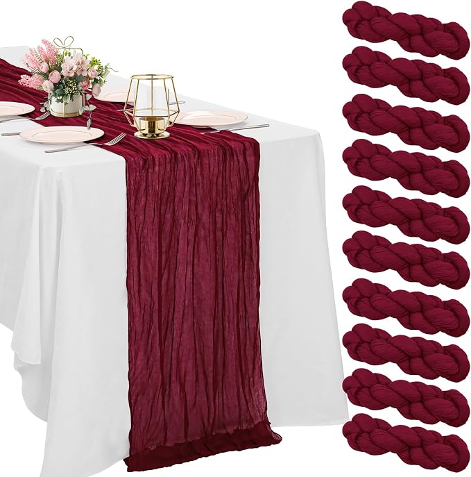 10 Pack Burgundy Cheesecloth Table Runner 6FT Boho Gauze Fabric Table Runner by HAISIWLKJ