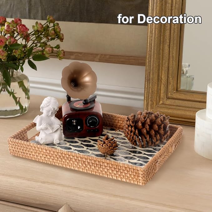 Rectangle Rattan Tray with Mother of Pearl Inlay, Rattan Serving Tray with - Image 7