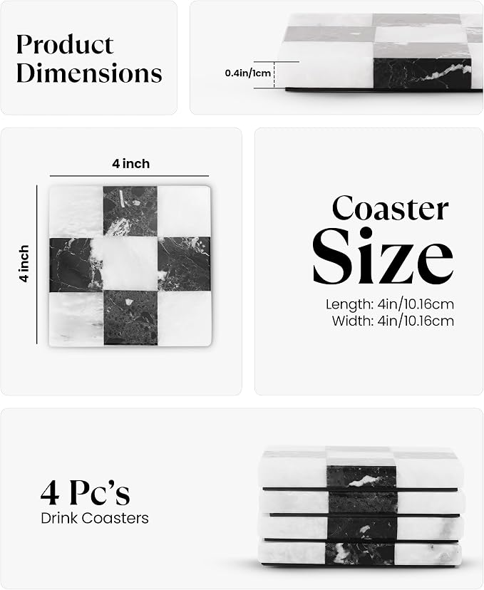 Marble Coasters Set of 4, Zebra Black & White Handmade 4 inch Square Checkered - Image 6