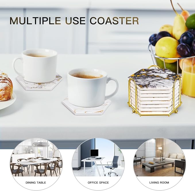 Gold Marble Coasters, Geichan Ceramic Bar Coasters Cute Dining Coffee Table - Image 6