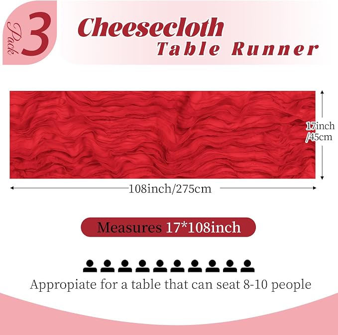 3 Pack Red Cheesecloth Table Runner, 17 x 108 Inch, Gauze Cheese Cloth Table - Image 2