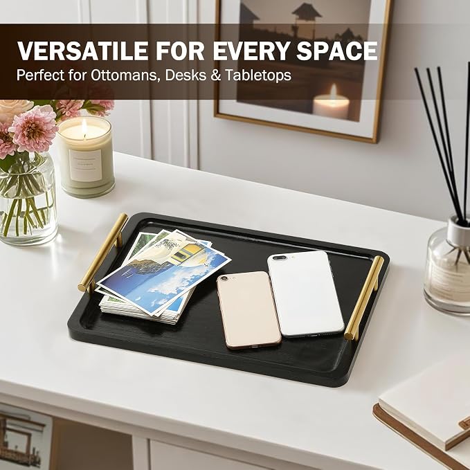 PEKER Wooden Serving Tray with Metal Handles, Ottoman & Home Décor, Wooden Food - Image 4
