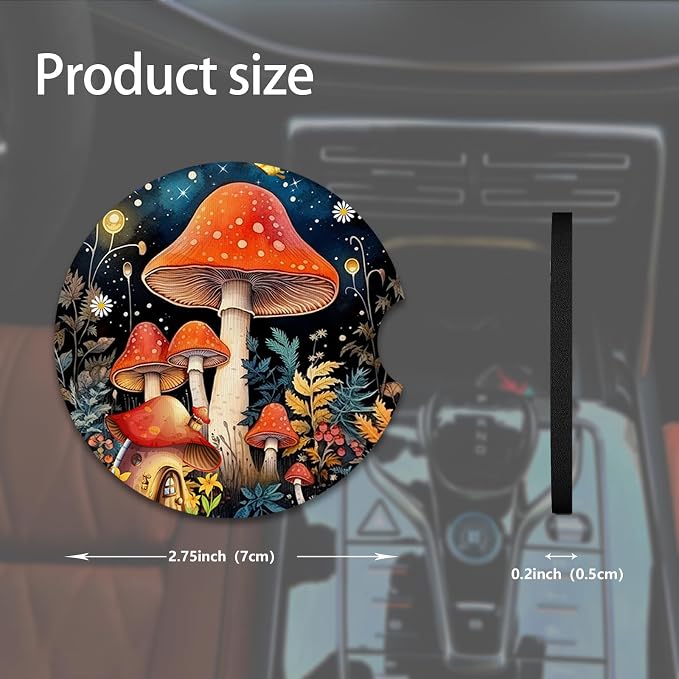 2pcs Cute Red Mushrooms Car Coasters, Absorbent Universal neoprener Cup Holder - Image 2