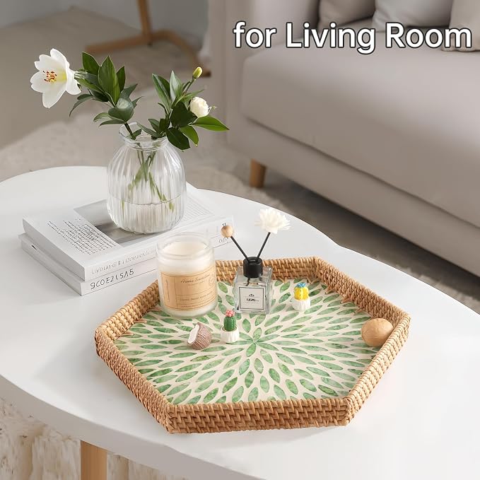 Hexagon Rattan Tray with Mother of Pearl Inlay, Rattan Serving Tray - Image 7