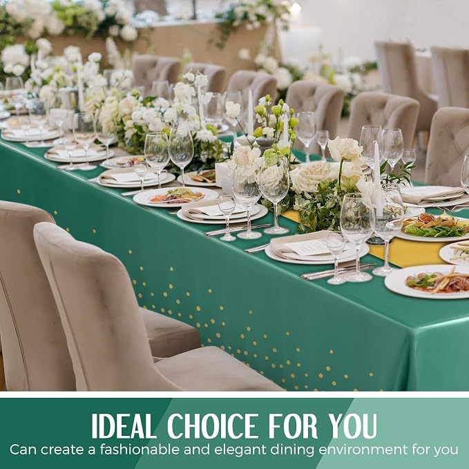 24 Pack Green and Gold Disposable Plastic Tablecloths and Satin Table Runner Set - Image 5