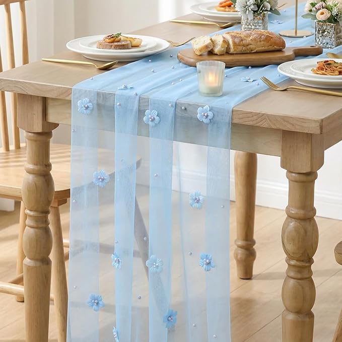Artoid Mode Blue Flower Pearl Blue Gauze Table Runner 10FT 6PC, Seasonal Sheer - Image 6