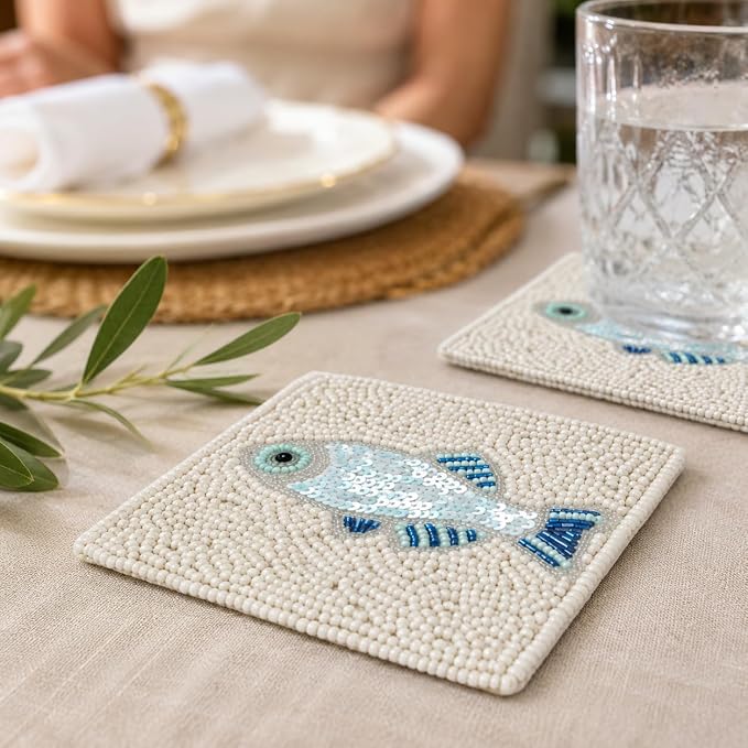 Coaster Set of 4, Handmade Beaded Bar Drink Tabletop Protection Coasters - Image 7