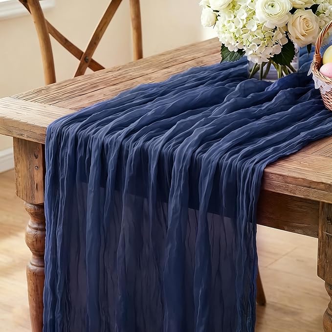 3Pcs Navy Blue Table Runner, 10FT Rustic Gauze Blue Table Runner 35*120inch by Miucat