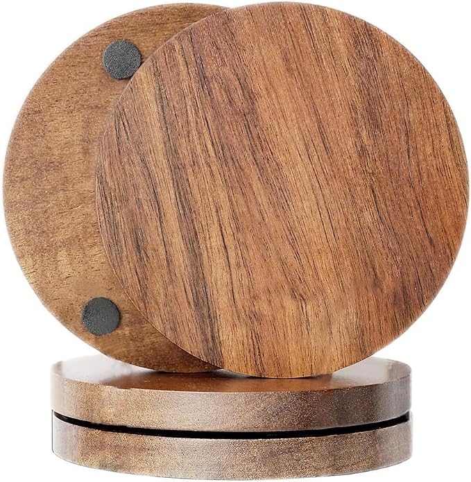 Acacia Wood Coasters with Iron Holder Stand - Image 5