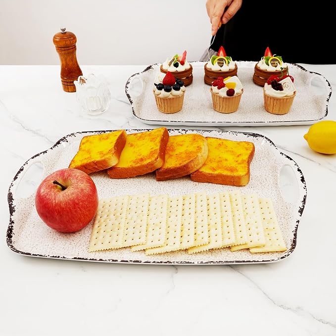 TP Melamine Serving Trays with Handles, Rustic White | Large Rectangular Trays - Image 7
