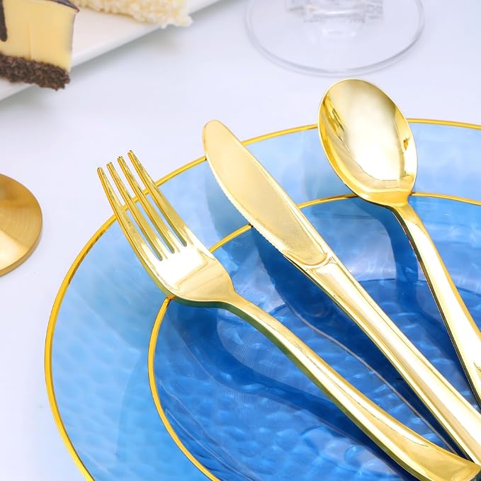 150 Pcs Blue Plastic Dinnerware Set, Disposable Plates - Image 3