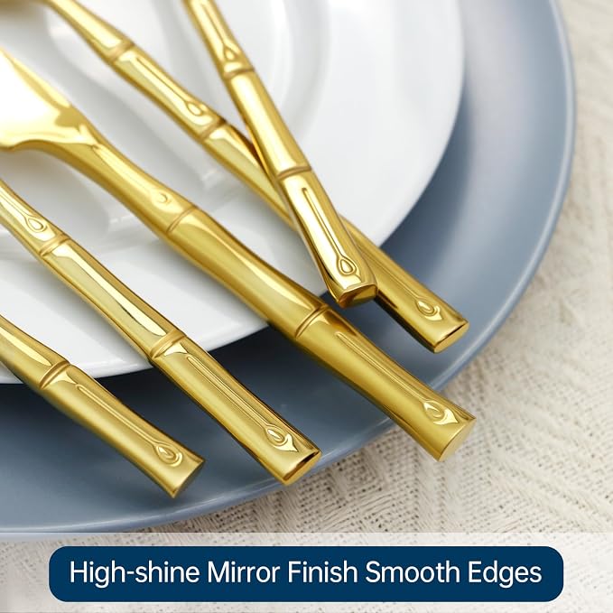 Gold Silverware Set 20-Piece Bamboo Pattern Service - Image 4