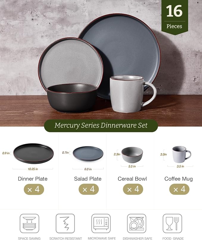Famiware Mercury 16-Piece Stoneware Plates and Bowls, Warm Hand-Painted Rims - Image 2