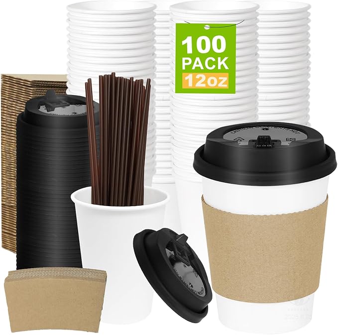 100 Pack 12 oz Disposable Coffee Cups by COOLCAP