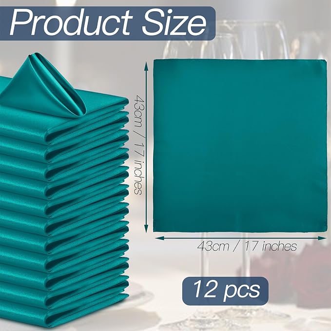 P Pothuiny 12 Pcs Teal Satin Napkins 17 x 17 Inch, Satin Cloth Napkins | Square - Image 2