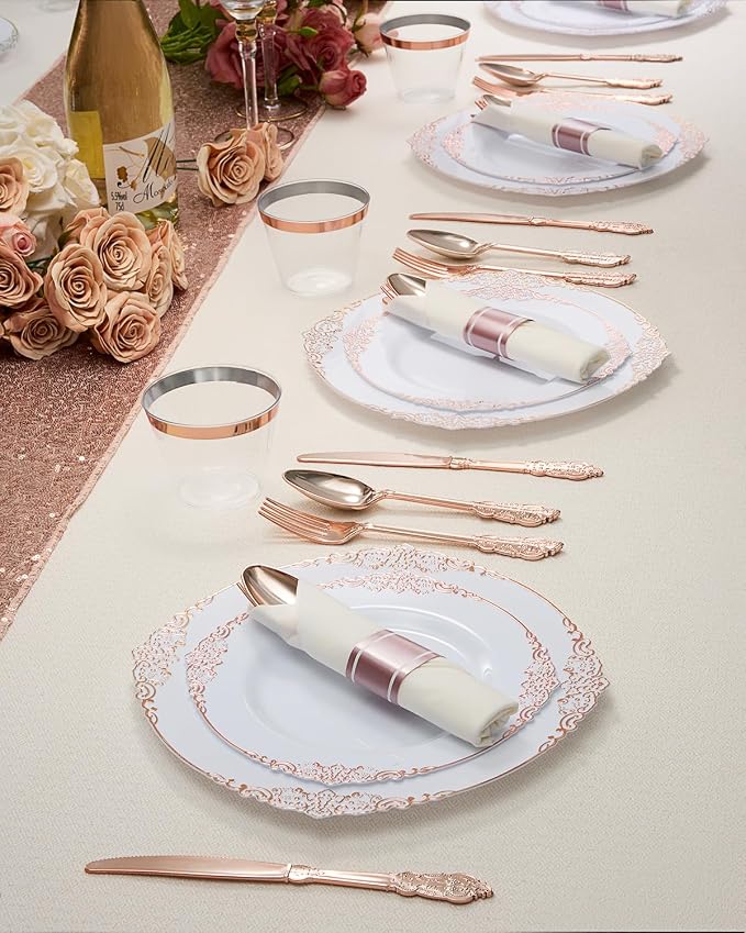 350 Piece Rose Gold Plastic Dinnerware Set - Image 7