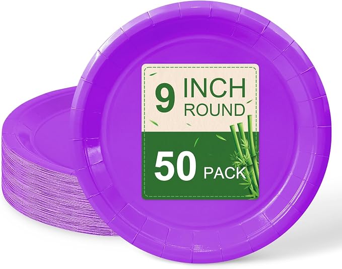 50 Pcs Purple Paper Plates, 9 Inch Disposable Dessert Plates by LIKAJON