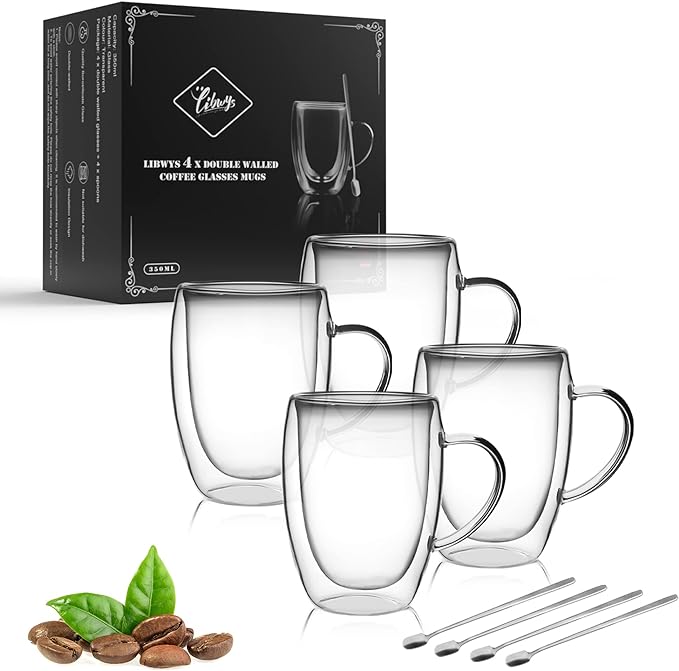 LIBWYS 4 Pack Double Walled Coffee Cups Glasses Mug 12oz Borosilicate Glass | by LIBWYS