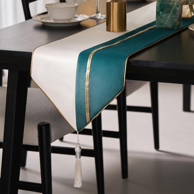 Avigers Table Runner 12 x 72 Inch, Emerald Green White, Tassels | Faux Silk by Avigers
