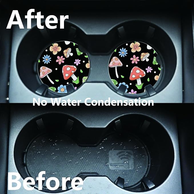 2pcs Cute Pink Mushrooms Car Coasters, Absorbent Universal neoprener Cup Holder - Image 5