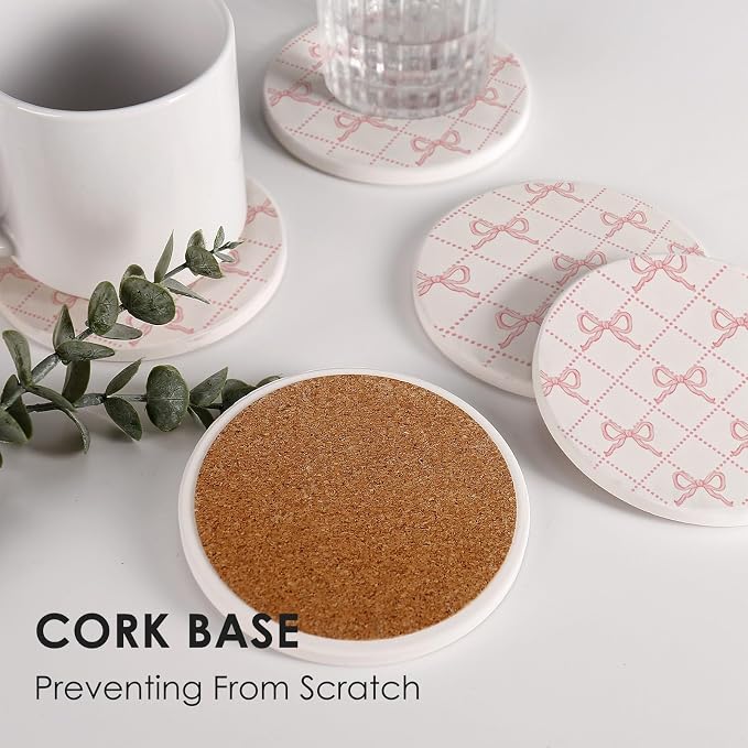 Pink Bow Round 4" Cup Coasters, Absorbent Ceramic Stone Drink Coasters - Image 2