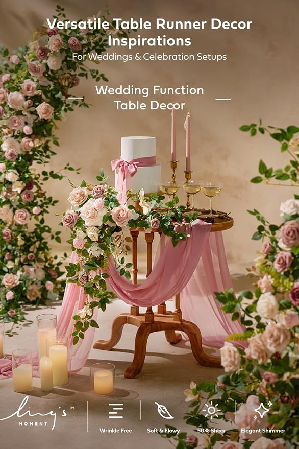 Ling's Moment 14Ft Nude Table Runner, Wedding Sheer Chiffon Table Runners | - Image 4