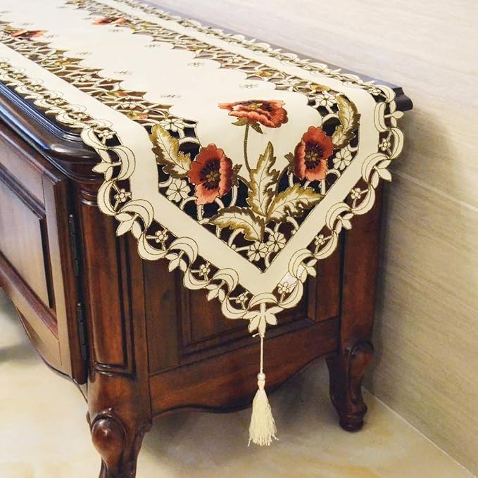 LeLehome 15 Inch X 96 Inch Classic Table Runner, Floral Lace Beige Rose Flowers - Image 7
