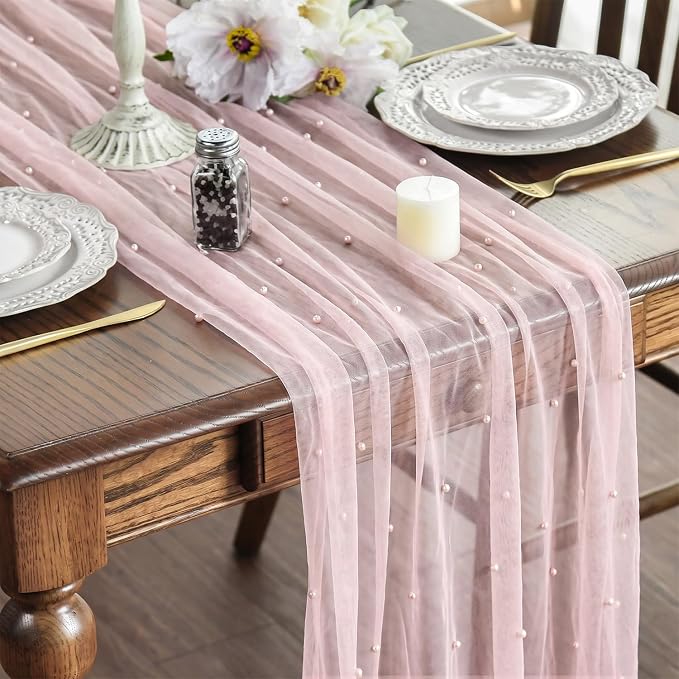 Artoid Mode Pearl Pink Gauze Table Runner 120 Inch 10FT, Seasonal Sheer Dining by ArtoidMode