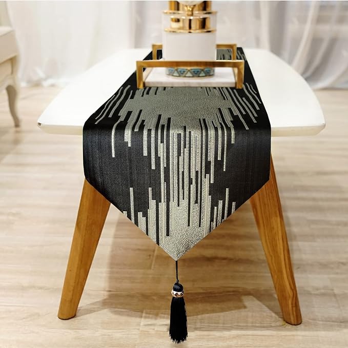 Luxury Modern Black Table Runner, Abstract Geometric, Fancy Tassels | Table - Image 4
