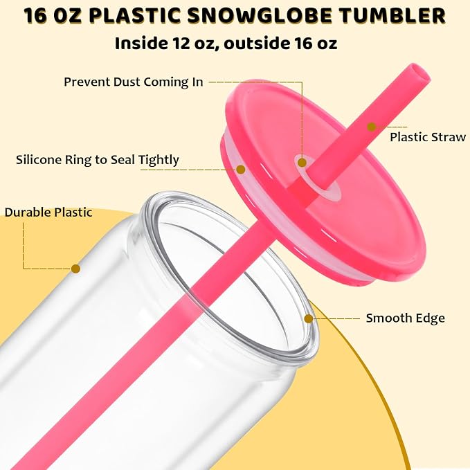 16 Oz Plastic Snowglobe Tumbler, 4 Pack Pre-Drilled Double Wall Plastic Clear - Image 2